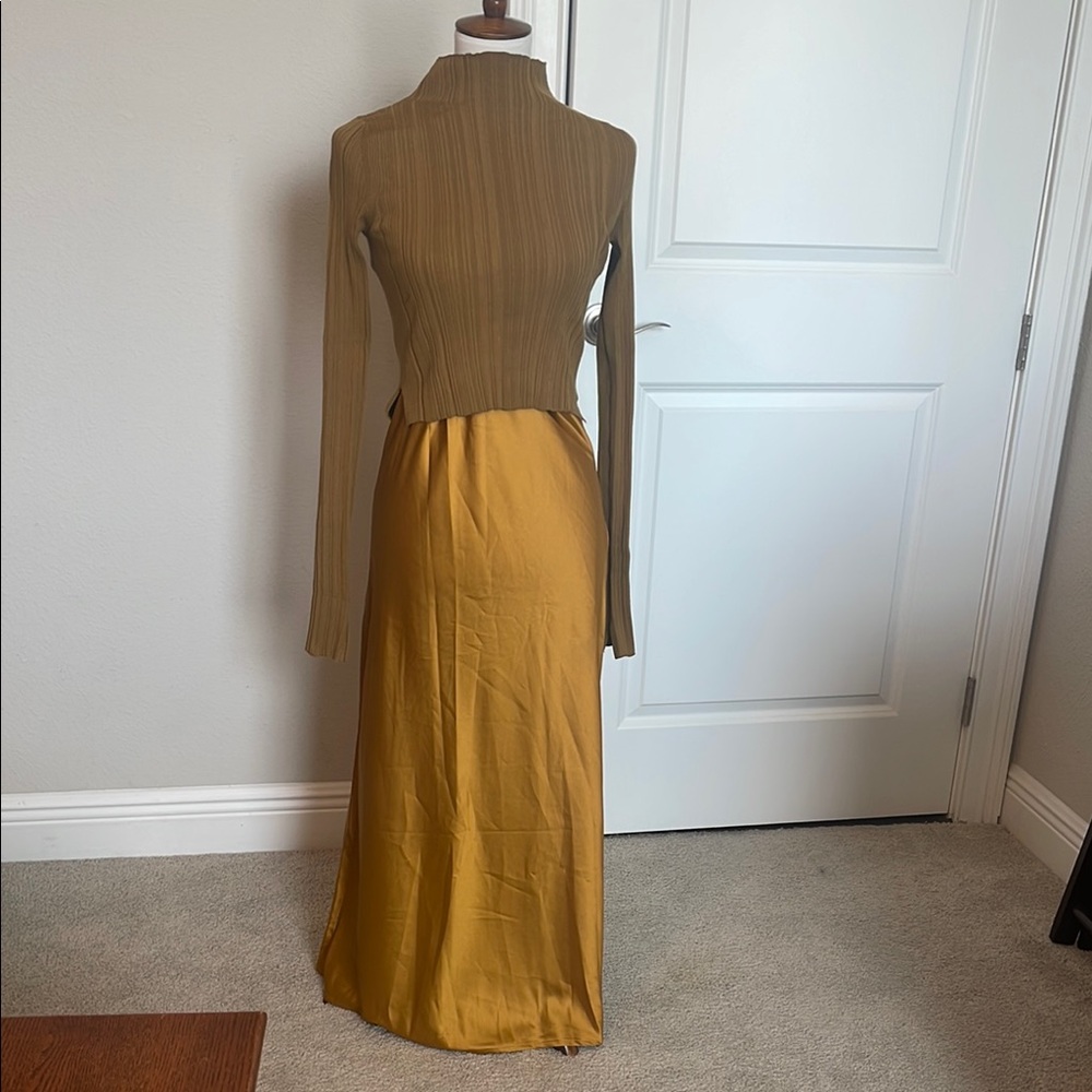 Olive Green and Mustard Yellow Slip Dress with Sweater